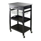 Winsome Julia Utility Cart, Black-Julia Kitchen Cart has an easy to clean granite top and plenty of functions.  Cart includes on a drawer, foldable metal basket, removable serving tray, fixed bottom shelf and comes on casters for mobility.  Overall cart size is 34.13" H. x 22.68" W. x 16.06" D.  Granite top size 22.68" W. x 15.75" D.  Inside drawer is 2.4" H. x 17.80" W. x 12.40" D.  Foldable wire basket 4.02" H. x 15.96" W. x 13.13" D.  Removable tray 1.22" H. x 17.28" W. x 12.54" D.   Black Finish.  Assem