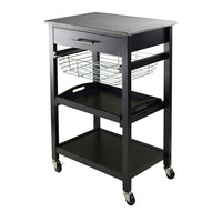 Winsome Julia Utility Cart, Black-Julia Kitchen Cart has an easy to clean granite top and plenty of functions.  Cart includes on a drawer, foldable metal basket, removable serving tray, fixed bottom shelf and comes on casters for mobility.  Overall cart size is 34.13" H. x 22.68" W. x 16.06" D.  Granite top size 22.68" W. x 15.75" D.  Inside drawer is 2.4" H. x 17.80" W. x 12.40" D.  Foldable wire basket 4.02" H. x 15.96" W. x 13.13" D.  Removable tray 1.22" H. x 17.28" W. x 12.54" D.   Black Finish.  Assem