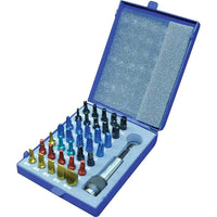 Gray Tools 36 Piece Color Insert Bit Set In Metal Case, Includes Magnetic Bit Holder-Contains: Hex bits #: 1/8", 3/16", 5/32", 7/32", 9/64", 2mm, 3mm, 4mm, 5mm, 6mm, Phillips® bits #: 1 (3), # 2 (5), # 3 (2), Square Recess bits: # 0 (1), # 1 (2), # 2 (5), # 3 (2), Slotted bits: 4, 5, 6, 8, 10 and Magnetic Bit Holder With Forward Quick Release.
