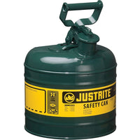 Justrite Type I Safety Cans without Funnel, 2 Gal, Green-Compliant Type I Safety Cans are designed with a single spout for filling and pouring of all types of flammable liquids