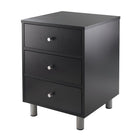 Winsome Daniel Accent Table With 3 Drawers, Black-Perfect table for your night time essentials with three Drawers and stylish for your bedroom.  Black with metal accents.  Overall table size 15.75" W. x 16.16" D. x 22" H.  Top dimension is 15.75" W. x 15.75" D. and inside Drawer is 12.75" W. x 13.60" D. x 4.3" H.   Floor clearance is 4".  Black veneer on composite wood.  Assembly required.