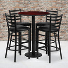 Flash Furniture 30" Round Mahogany Laminate Table Set with Round Base & 4 Ladder Back Metal Barstools - Black Vinyl Seat-Set Includes 4 Barstools, Round Table Top and Round Base