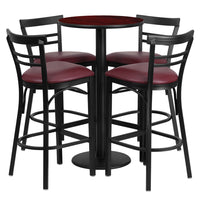Flash Furniture 24'' Round Mahogany Laminate Table Set with Round Base and 4 Ladder Back Metal Bar Stools, Burgundy Vinyl Seat-Black Powder Coated Chair and Table Frame