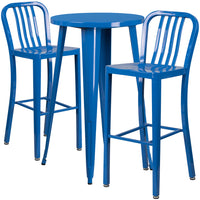 24'' Round Blue Metal Indoor-Outdoor Bar Table Set with 2 Vertical Slat Back Barstools [CH-51080BH-2-30VRT-BL-GG]-Round Metal Bar Set