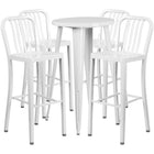 24'' Round White Metal Indoor-Outdoor Bar Table Set with 4 Vertical Slat Back Barstools [CH-51080BH-4-30VRT-WH-GG]-Metal Cafe Bar Table