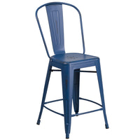 Flash Furniture Commercial Grade 24" High Distressed Antique Metal Indoor-Outdoor Counter Height Stool with Back - Blue-Set of 4 Bistro Style Counter Stools