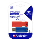 Verbatim PinStripe 32 GB USB 3.2 Gen 1 Flash Drives - Red & Blue - 2 Pack-Retractable USB connector means no cap to lose