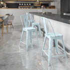 Flash Furniture 24" High Distressed Green-Blue Metal Indoor-Outdoor Counter Height Stool with Back-Cross Brace under seat provides extra stability