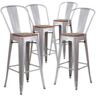 Flash Furniture 30" High Silver Metal Barstool with Back & Wood Seat-Set of 4 Bistro Style Bar Stools
