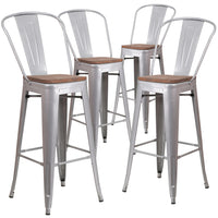 Flash Furniture 30" High Silver Metal Barstool with Back & Wood Seat-Set of 4 Bistro Style Bar Stools