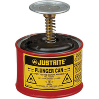 Justrite Plunger Cans, 1 Qt, /4" x 6 1/2"-Dispense flammable liquids and solvents safely onto cloths or swabs without waste or exposure