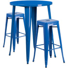 30'' Round Blue Metal Indoor-Outdoor Bar Table Set with 2 Square Seat Backless Barstools (CH-51090BH-2-30SQST-BL-GG)-Indoor Outdoor Sets