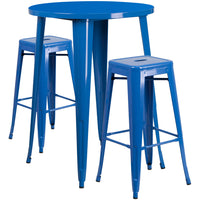 30'' Round Blue Metal Indoor-Outdoor Bar Table Set with 2 Square Seat Backless Barstools (CH-51090BH-2-30SQST-BL-GG)-Indoor Outdoor Sets