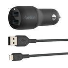Belkin 24W Dual USB-A Car Charger With 3' A-Ltg Cable-Dual ports charge two devices at once from a single car power socket
