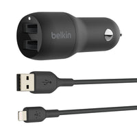 Belkin 24W Dual USB-A Car Charger With 3' A-Ltg Cable-Dual ports charge two devices at once from a single car power socket