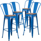 Flash Furniture 30" High Metal Barstool with Back & Wood Seat - Blue-Curved Back with Vertical Slat