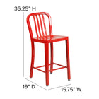Flash Furniture 24" High Red Metal Indoor-Outdoor Counter Height Stool with Vertical Slat Back-Designed for Indoor and Outdoor Use