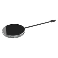 JCPal Elex USB-C Wireless Charging Hub with HDMI, USB-PD, and USB-A Adapter-Durable aluminum shell with black base and silver frame.  Contains 5 ports and wireless charging