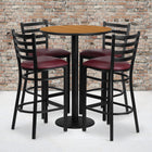 Flash Furniture 30" Round Natural Laminate Table Set with Round Base & 4 Ladder Back Metal Barstools - Burgundy Vinyl Seat-Set Includes 4 Barstools, Round Table Top and Round Base