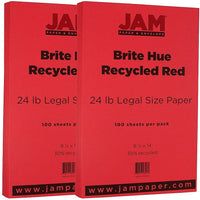 JAM Paper Bright Color Legal Paper, 8 1/2 x 14, 24lb Brite Hue Red Recycled, 2 packs of 100 (101337g)-Red
