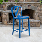 Flash Furniture 24" High Blue Metal Indoor-Outdoor Counter Height Stool with Vertical Slat Back-Adjustable Floor Glides