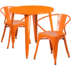 30'' Round Orange Metal Indoor-Outdoor Table Set with 2 Arm Chairs (CH-51090TH-2-18ARM-OR-GG)-Indoor Outdoor Sets