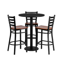 Flash Furniture 30" Round Black Laminate Table Set with 3 Ladder Back Metal Barstools - Cherry Wood Seat-Bar Height Table and Stool Set