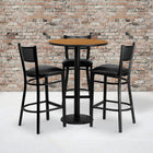 Flash Furniture 30'' Round Natural Laminate Table Set with Round Base and 3 Grid Back Metal Bar Stools, Black Vinyl Seat-Set Includes 3 Bar Stools, Round Table Top and Round Base