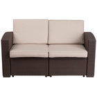 Flash Furniture Chocolate Brown Faux Rattan Loveseat with All-Weather Beige Cushions-Contemporary Outdoor Loveseat