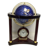 Elegance Large Globe Wood Clock-The globe’s oceans of ground blue Lapis Lazuli, also known as Blue Jasper, are accented by 25 different hand carved stones used to represent the countries of the world.