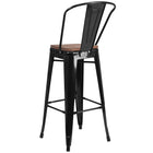 Flash Furniture 30" High Black Metal Barstool with Back & Wood Seat-Textured Walnut Elm Wood Seat