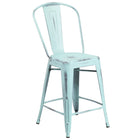 Flash Furniture 24" High Distressed Green-Blue Metal Indoor-Outdoor Counter Height Stool with Back-500 lb. Weight Capacity