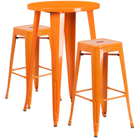 24'' Round Orange Metal Indoor-Outdoor Bar Table Set with 2 Square Seat Backless Barstools (CH-51080BH-2-30SQST-OR-GG)-Indoor Outdoor Sets