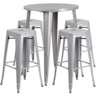 30'' Round Silver Metal Indoor-Outdoor Bar Table Set with 4 Square Seat Backless Barstools (CH-51090BH-4-30SQST-SIL-GG)-Indoor Outdoor Sets