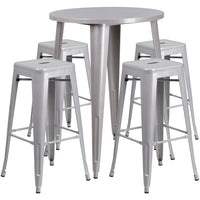 30'' Round Silver Metal Indoor-Outdoor Bar Table Set with 4 Square Seat Backless Barstools (CH-51090BH-4-30SQST-SIL-GG)-Indoor Outdoor Sets