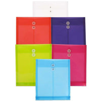 JAM Paper Plastic Envelopes, Button and String Tie Closure, 9.75x11.75, Assorted Colors, 3 sets of 6 (118B1assrtdg)-Assortment of Six Letter Size Open End Poly Button and String Envelopes: Clear, Red, Blue, Lime Green, Pink, and Purple