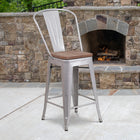 Flash Furniture 24" High Silver Metal Counter Height Stool with Back & Wood Seat-Lightweight Design with Footrest