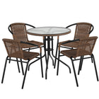 Flash Furniture 28" Round Glass Metal Table with Dark Brown Rattan Edging & 4 Dark Brown Rattan Stack Chairs-Table and Chair Set