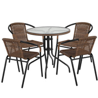 Flash Furniture 28" Round Glass Metal Table with Dark Brown Rattan Edging & 4 Dark Brown Rattan Stack Chairs-Table and Chair Set