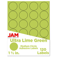 JAM Paper Circle Round Label Sticker Seals - 1-2/3" Diameter - Ultra Lime Green - 120 Pack -English only packaging