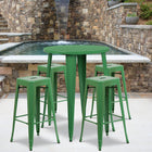 30'' Round Green Metal Indoor-Outdoor Bar Table Set with 4 Square Seat Backless Barstools (CH-51090BH-4-30SQST-GN-GG)-30"W x 30"D x 41"H