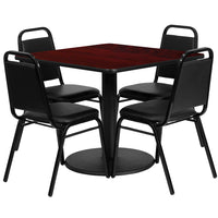 Flash Furniture 36'' Square Mahogany Laminate Table Set with Round Base and 4 Black Trapezoidal Back Banquet Chairs-Black Powder Coated Chair and Table Frame