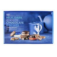 Marks and Spencer Milk Dark and White Biscuit Selection - 400g-Varieties include milk chocolate clementine cream, extremely chocolatey marbled whirl, milk chocolate shortcake biscuit and milk chocolate cream rounds.