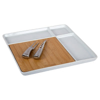 Luciano Porcelain Platter with Bamboo Cutting Board and Knife Set, 13 inches, White-Measurement: the entire tray measures 11.5"L x 11.5"W x 1"H, cutting board measures 7.5"L x 7"W x 0.5"H, fork measures 5.5"L x 1"W x 1"H and knife measures 6"L x 1"W x 1"H in dimension