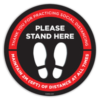Eddie's "Please Stand Here" Anti-Slip Floor Decal - Red/Black - 8" Diameter - 2 Pack-Social Distancing / Covid-19 Decal
