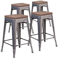 Flash Furniture 24" High Clear Coated Indoor Counter Height Stool with Back - 4 Pack-Set of 4 Stackable Industrial Style Modern Stools