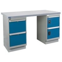 Kleton Workbench, Wood Filled Steel Top, 2 Pedestals, 2 Drawers and 2 Doors, 24"W x 60"L x 34"H-34" overall height