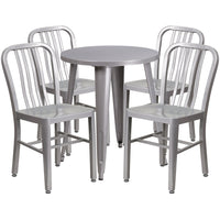 24'' Round Silver Metal Indoor-Outdoor Table Set with 4 Vertical Slat Back Chairs [CH-51080TH-4-18VRT-SIL-GG]-Metal Cafe Table