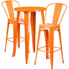 24'' Round Orange Metal Indoor-Outdoor Bar Table Set with 2 Cafe Barstools [CH-51080BH-2-30CAFE-OR-GG]-Round Metal Bar Set