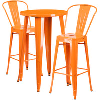 24'' Round Orange Metal Indoor-Outdoor Bar Table Set with 2 Cafe Barstools [CH-51080BH-2-30CAFE-OR-GG]-Round Metal Bar Set